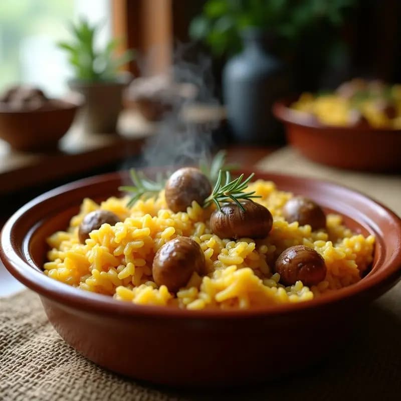 Cazuela de barro humeante con arroz con conejo y caracoles, receta tradicional valenciana. El arroz meloso y dorado rodea trozos de conejo tierno y caracoles, decorado con hebras de azafrán y romero fresco.