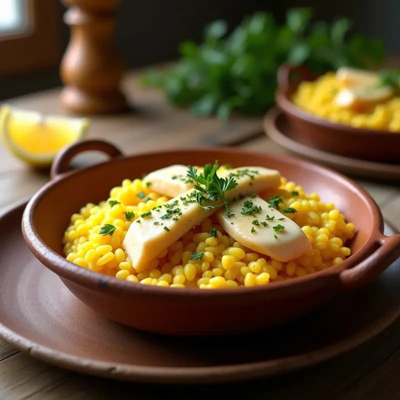 Plato hondo de barro con arroz con congrio tradicional, trozos de pescado blanco entre granos de arroz amarillo, decorado con perejil fresco y gajos de limón, sobre fondo rústico de madera.