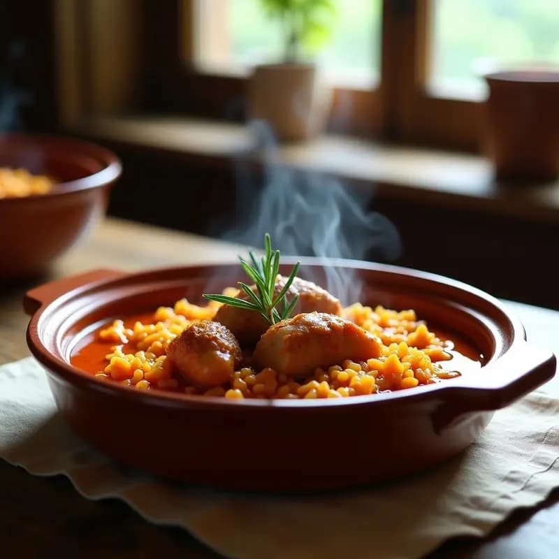 Cazuela de barro humeante con arroz con cosa murciano, conejo troceado y especias, servido con romero fresco y un toque de aceite de oliva.