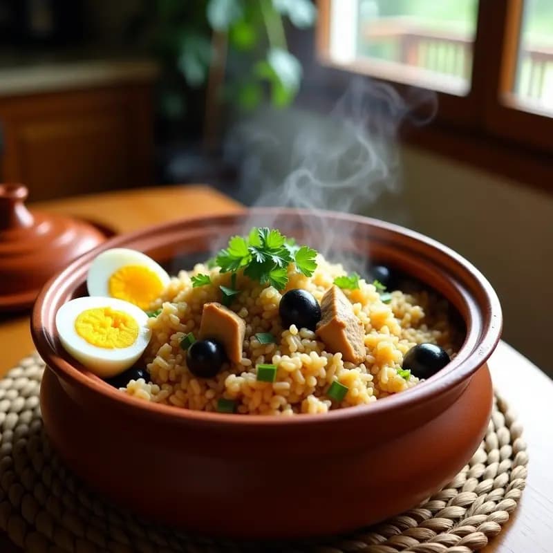 Olla de barro humeante con arroz con pollo y aceitunas negras cubano, pollo desmenuzado, aceitunas y culantro fresco, servido con huevo duro en rodajas sobre fondo rústico de madera.