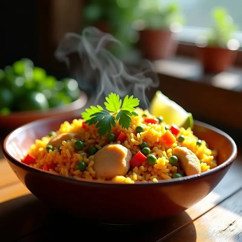 Plato de arroz con pollo colombiano estilo casero, azafrán dorado, trozos de pollo jugoso, zanahoria, guisantes y pimiento rojo en olla express, servido en cazuela de barro.