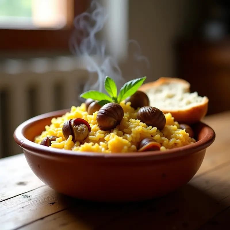 Plato hondo de barro con arroz con conejo y caracoles a la mallorquina, servido en olla express. Los granos de arroz absorben el caldo dorado, mezclados con trozos de conejo desmenuzado y caracoles. Decorado con una rama de romero fresco sobre fondo rústico de madera.