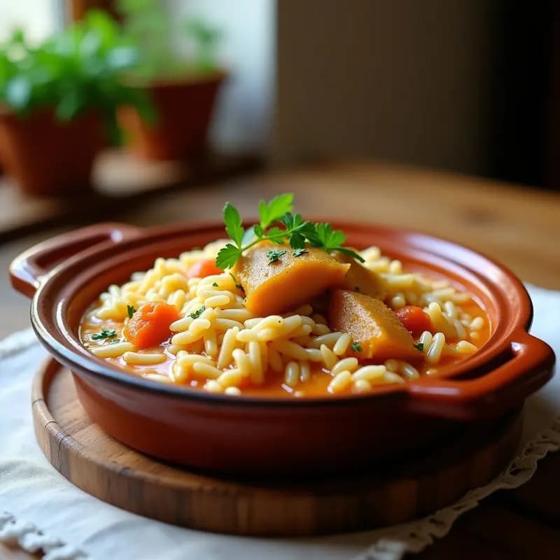 Cazuela de barro con arroz con congrio y ñora, receta catalana tradicional, servido con perejil fresco y rodaja de limón sobre fondo rústico de madera.