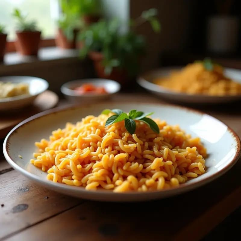 Olla de barro humeante con arroz con cosas murciano, garbanzos, chorizo, morcilla y hueso de jamón, servido en una fuente rústica de cerámica.