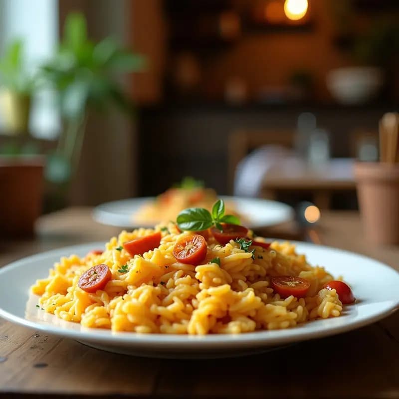 Paellera humeante con arroz con cosas valenciana, garbanzos, morcilla, huevo duro y perifollo fresco, receta tradicional de despensa.