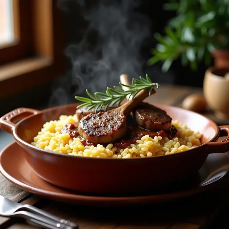 Cazuela de barro humeante con arroz meloso y costeletas de cordero doradas, decorada con romero fresco. Plato típico aragonés de montaña contundente.