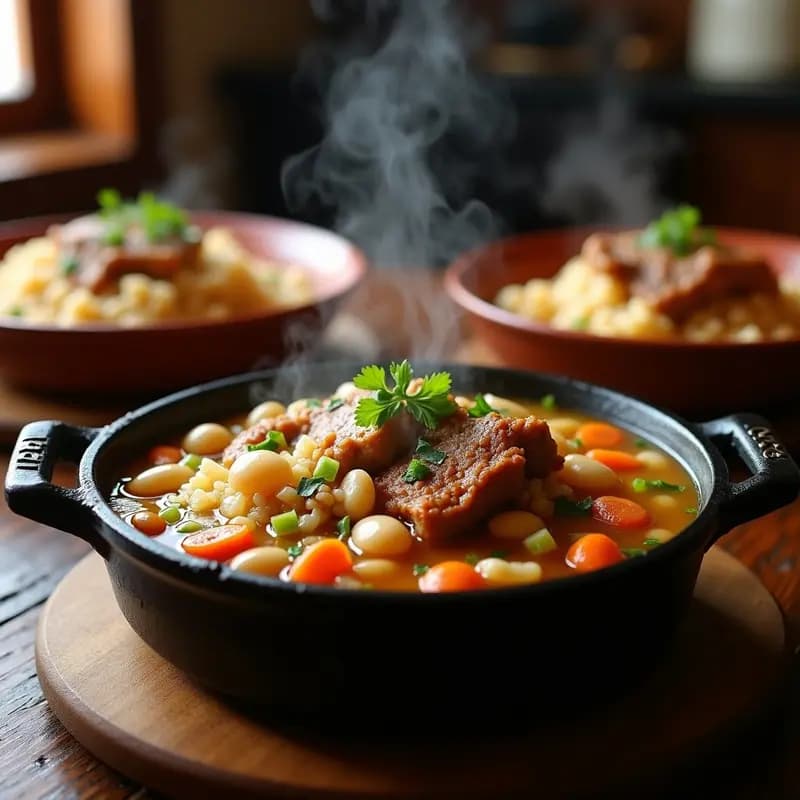 Olla de hierro negra con arroz con costilla y alubias blancas humeante, servido en platos de barro rústicos, con trozos de costilla dorada y alubias enteras en un caldo espeso. Receta tradicional de montaña española.