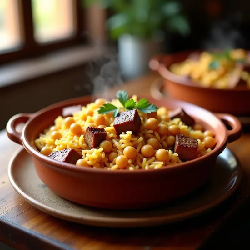Cazuela de barro humeante con arroz con costillas y garbanzos, receta andaluza tradicional, servida con trozos de costilla jugosa y garbanzos dorados, decorada con perejil fresco.