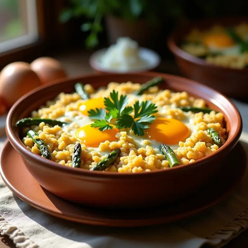 Cazuela de barro con arroz con costra ligero de espárragos y alcachofas, costra dorada de huevo, espárragos trigueros y alcachofas en trozos, decorado con perejil fresco.