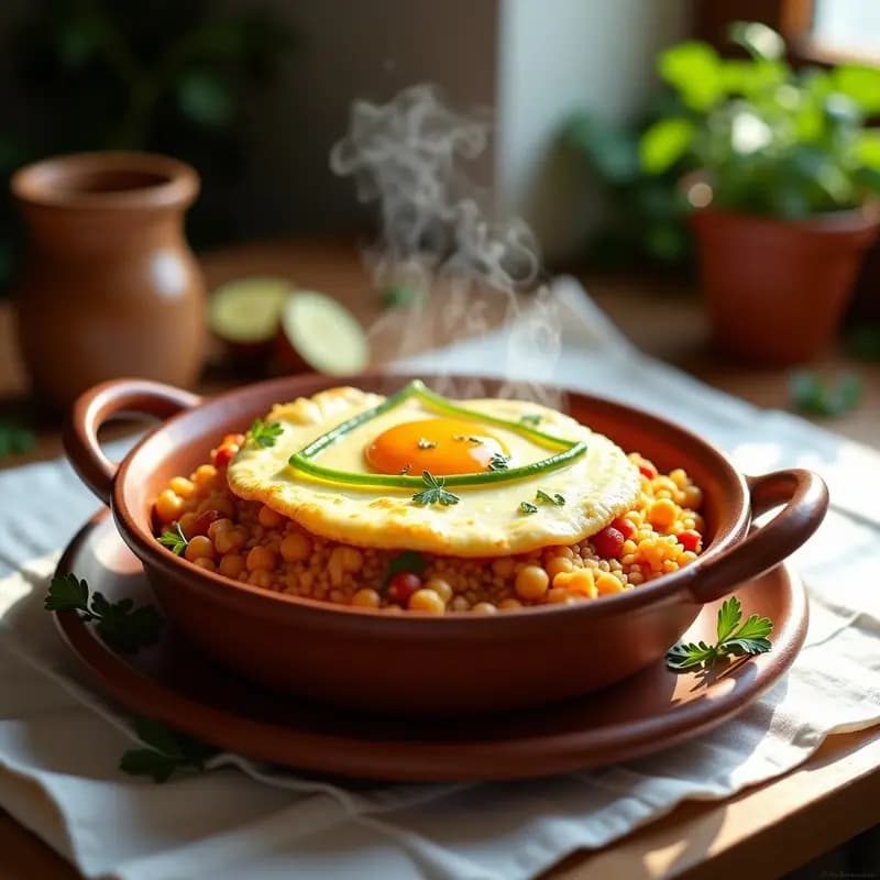 Cazuela de barro con arroz con costra de huevo y longaniza, receta valenciana tradicional, servida con garbanzos y trozos de longaniza dorada bajo una capa esponjosa de huevo cuajado.