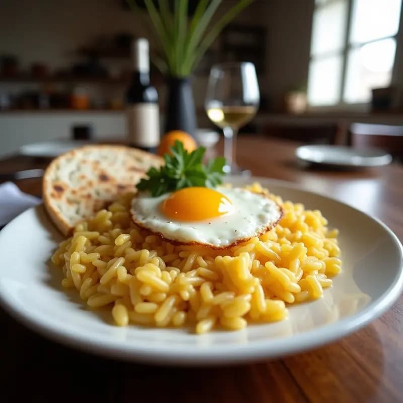 Cazuela de barro con arroz con costra de huevo y morcilla, plato valenciano tradicional. El arroz está cubierto por una capa dorada y esponjosa de huevo cuajado, con rodajas de morcilla de cebolla integradas. Fondo rústico con hierbas frescas.