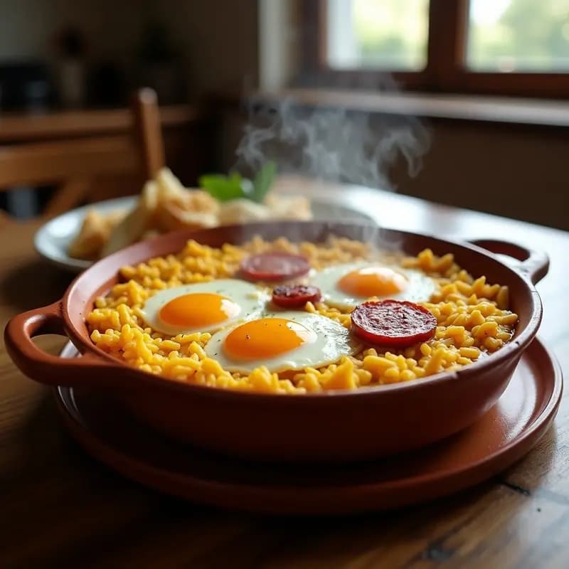 Cazuela de barro con arroz con costra valenciano recién horneado: arroz meloso cubierto con huevos cuajados y embutidos dorados (longaniza y chorizo), con bordes crujientes y color dorado intenso. Plato típico español servido en mesa rústica.