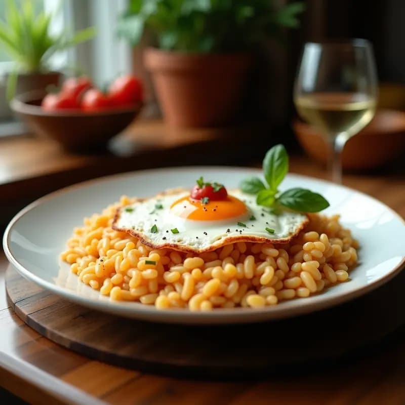 Plato blanco con arroz a la cubana, cubierto de salsa de tomate casera y coronado con un huevo frito de yema líquida. Decorado con perejil fresco picado y un hilo de aceite de oliva virgen extra.