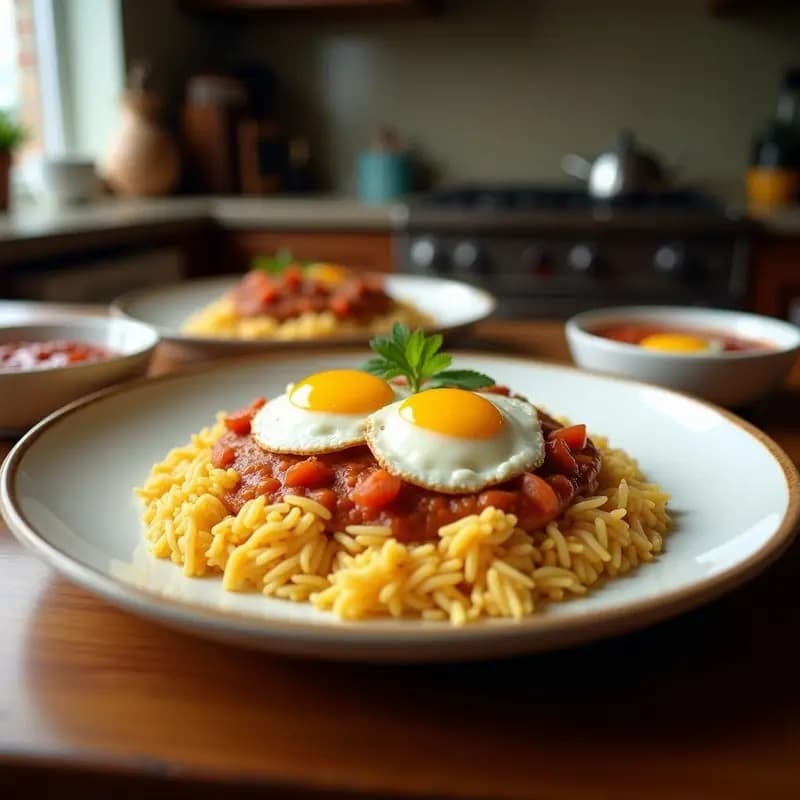 Plato hondo blanco con arroz a la cubana cubierto de salsa de tomate casera y coronado con huevos de codorniz fritos con yema líquida. Receta tradicional española rápida y económica.