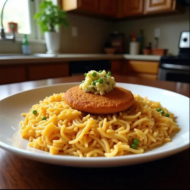 Plato blanco con arroz a la cubana, huevo frito con yema líquida en el centro, rodeado de rodajas doradas de plátano frito y salsa de tomate. Receta clásica española tradicional.