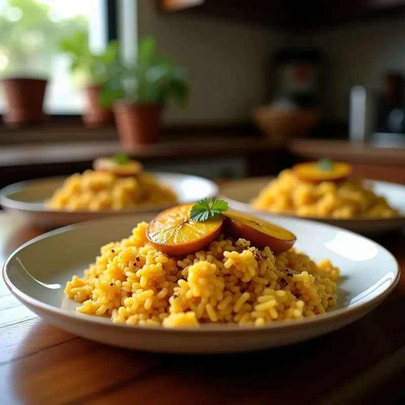 Plato hondo blanco con arroz a la cubana, rodajas doradas de plátano macho frito, huevo frito con yema líquida y salsa de tomate espesa. Acompañado de rodajas de aguacate, típico de la cocina canaria.