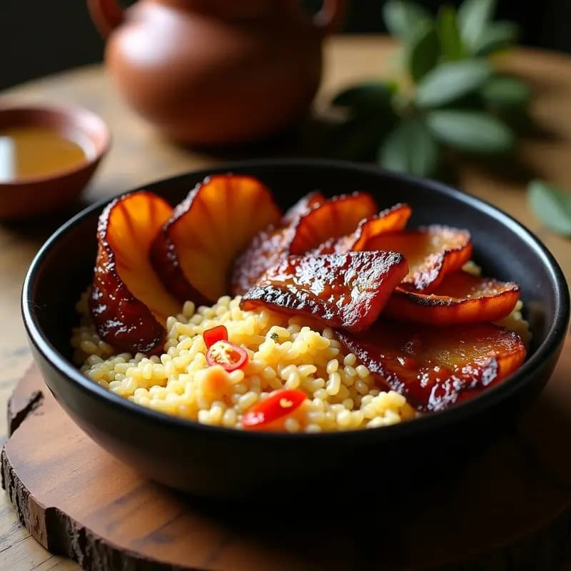 Plato hondo de cerámica negra con arroz a la cubana salteado, tocino vegetal dorado en tiras y rodajas de plátano macho caramelizado. Receta filipina vegana con contraste de texturas y colores vibrantes.