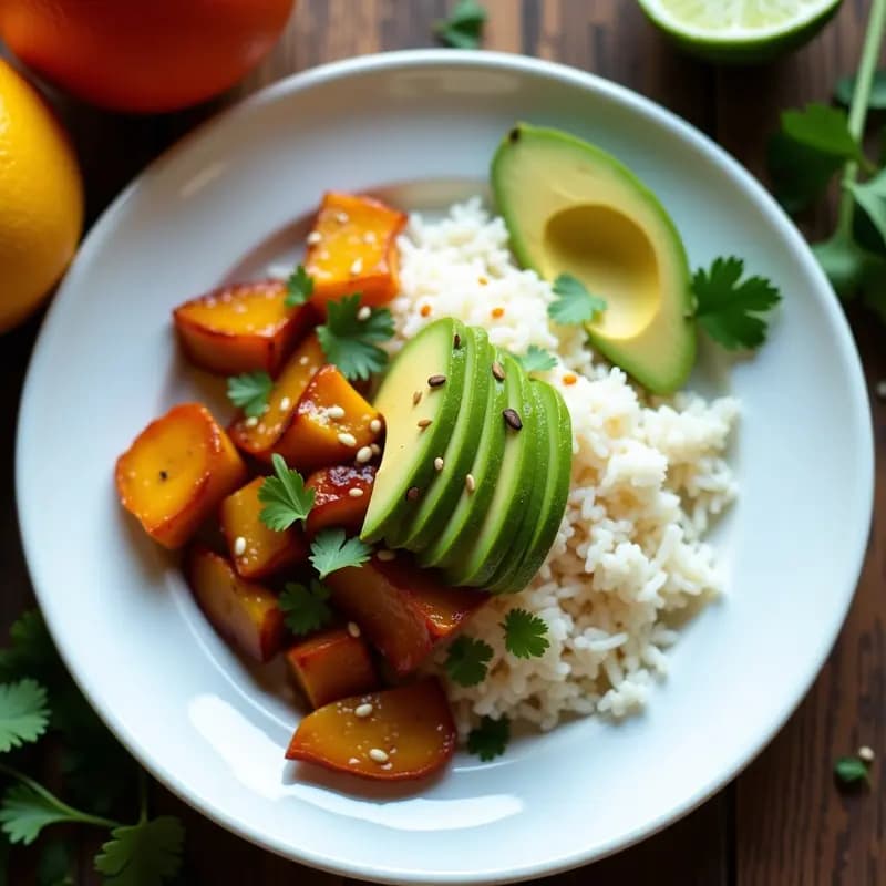 Plato hondo de cerámica blanca con arroz a la cubana especiado, rodajas de plátano maduro caramelizado, láminas de aguacate y cilantro fresco. Decorado con semillas de sésamo y una rodaja de limón al lado. Receta caribeña sin gluten y alta en fibra.