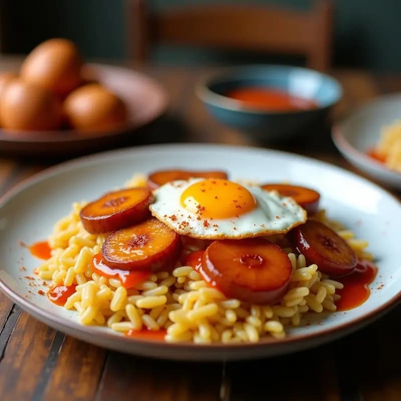 Plato de arroz a la cubana con huevo frito, rodajas de plátano maduro dorado y salsa brava espesa y brillante, servido en plato blanco rústico.