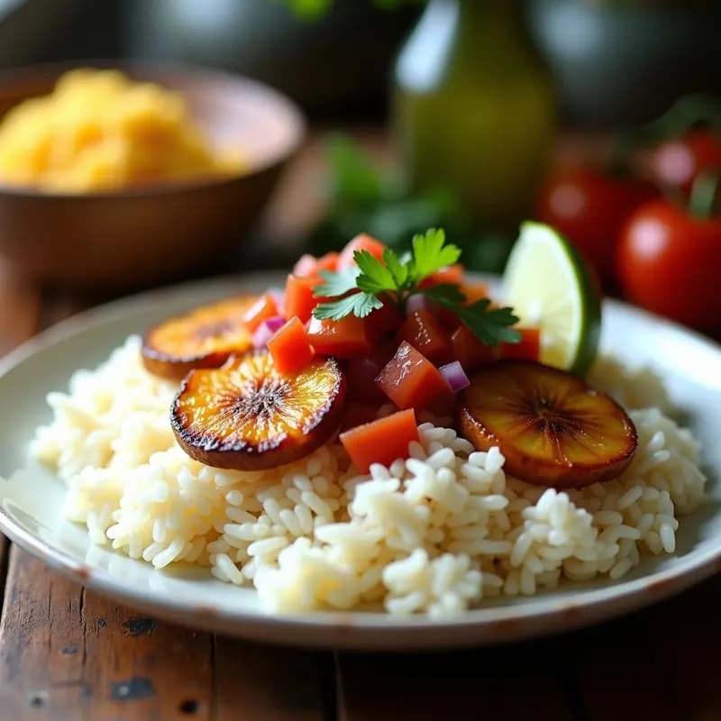 Plato hondo de cerámica blanca con arroz a la cubana esponjoso, rodajas doradas de plátano maduro frito y salsa criolla fresca de tomate, cebolla y cilantro. Decorado con una rodaja de limón y hojas de cilantro, con fondo de mesa rústica de madera.