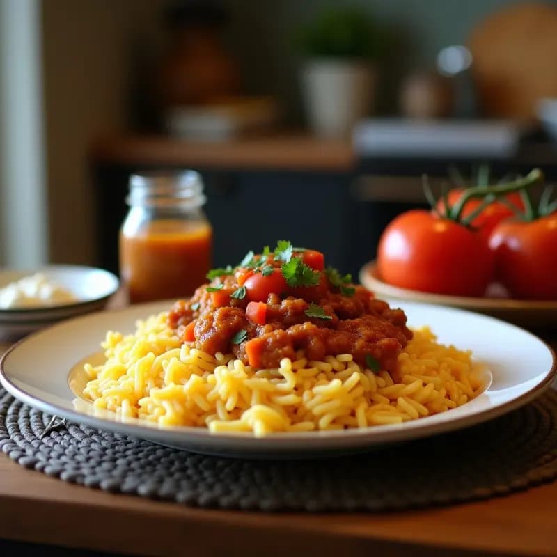 Plato blanco con arroz a la cubana, huevo frito con yema líquida, rodajas de plátano maduro doradas y salsa de tomate casera espesa, receta tradicional española infantil.