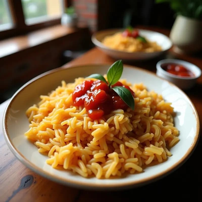 Plato blanco con arroz a la cubana, huevo frito, rodajas doradas de plátano machado y salsa brava picante, servido con un toque rústico y tradicional.