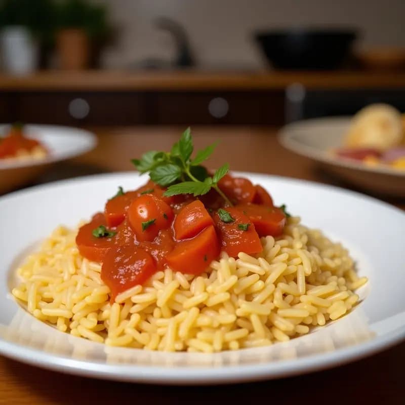 Plato blanco con arroz a la cubana humeante, rodaja de plátano Madagascar caramelizado encima, huevo frito al lado y salsa de tomate casera fresca espolvoreada con perejil. Receta tradicional española rápida.
