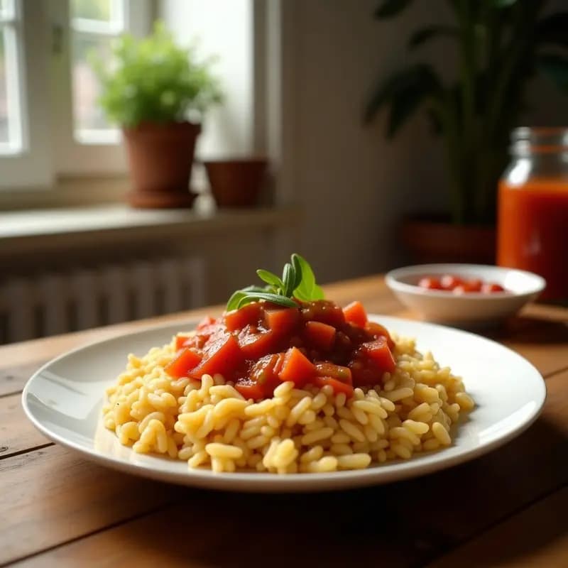 Plato hondo blanco con arroz a la cubana: base de arroz blanco esponjoso, cubierto con salsa de tomate casera brillante, un huevo frito con yema líquida en el centro y rodajas de plátano maduro dorado a los lados. Decorado con perejil fresco picado.