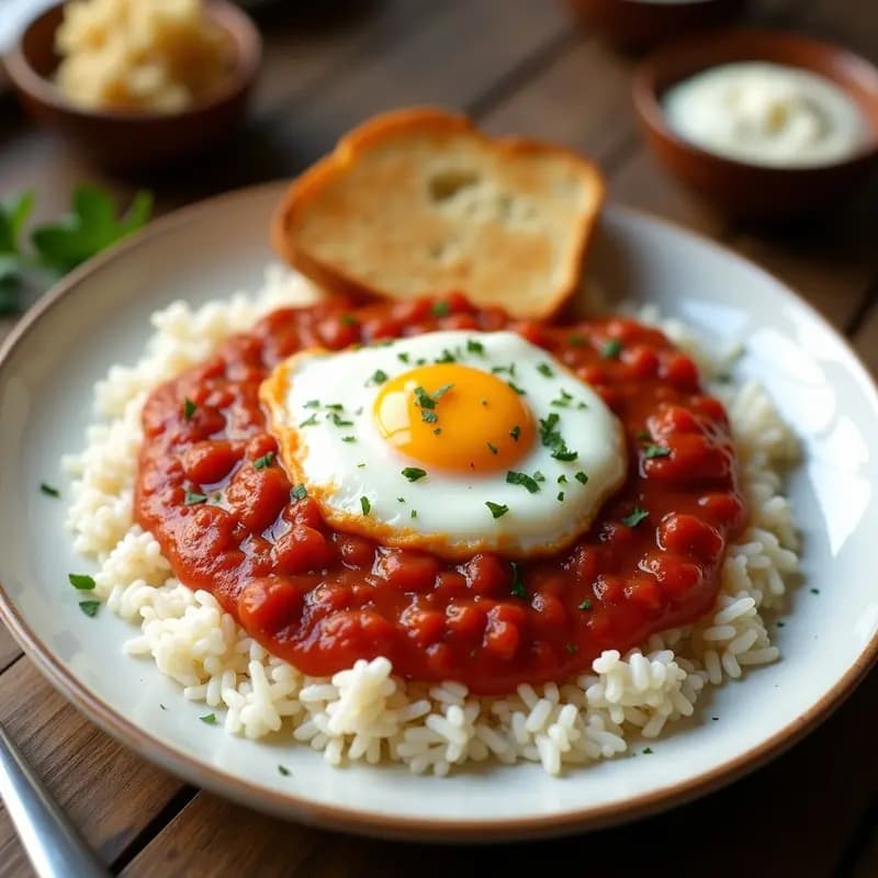 Plato de arroz a la cubana dorado cubierto con salsa brava espesa y un huevo escalfado con yema líquida, decorado con perejil fresco. Receta casera y fácil.