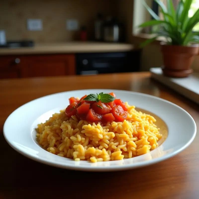 Plato blanco con arroz a la cubana: arroz blanco suelto, salsa de tomate casera espesa y brillante, y un huevo frito con yema líquida encima. Fondos desenfocados de cocina tradicional española.