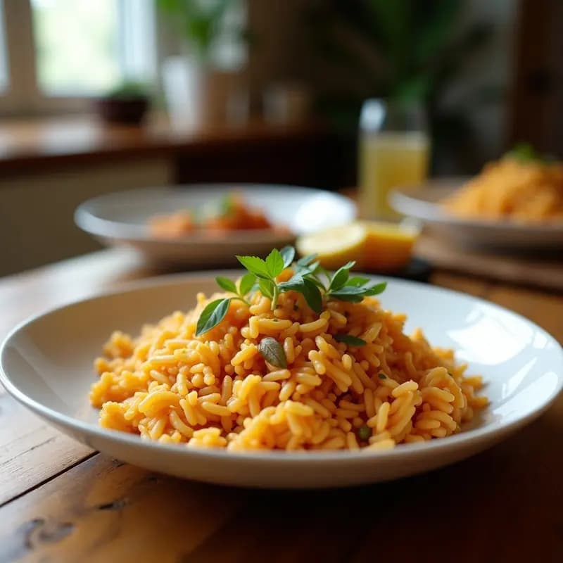 Wok de hierro fundido con arroz frito tailandés vegano, de color dorado por la cúrcuma, salteado con anacardos tostados, trozos de tofu dorado, pimiento rojo, zanahoria y cilantro fresco. Decorado con rodajas de limón y hojas de lima kaffir sobre un fondo rústico de madera.