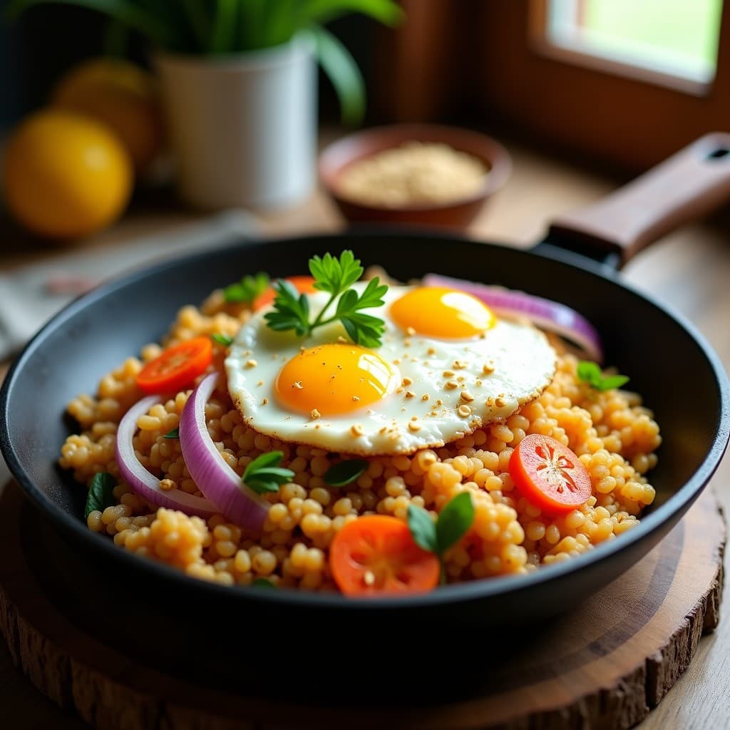 Wok de hierro con arroz frito vegano de coliflor rallada dorada, huevos de lino cremosos, cebolla morada, zanahoria y cacahuetes tostados, decorado con cebollino fresco. Receta baja en carbohidratos y alta en proteína.