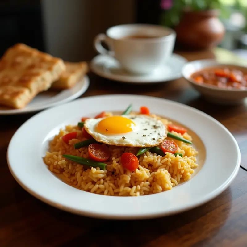 Wok humeante con arroz frito Thai de color dorado, huevos escalfados con yema líquida, trozos de pollo, zanahoria, pimiento rojo y brotes de soja, decorado con cilantro fresco y semillas de sésamo. Plato vibrante y apetitoso listo en 15 minutos.