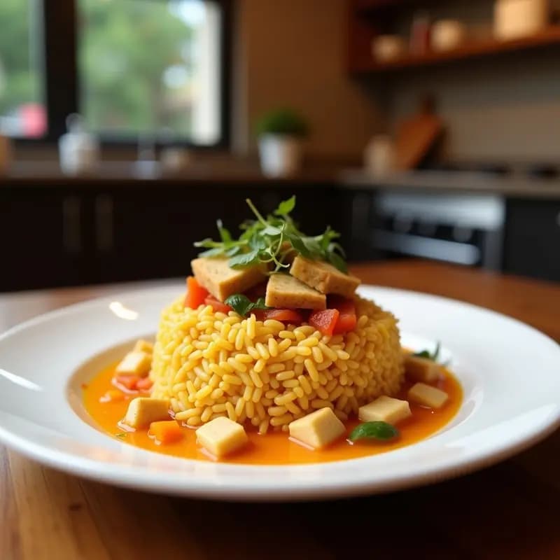 Wok negro con arroz frito tailandés dorado, cubos de tofu crujiente, trozos de piña caramelizada, cebolla morada y pimiento rojo. Decorado con semillas de sésamo y cilantro fresco. Plato vibrante con tonos amarillos, rojos y verdes, típico de la cocina tailandesa express.
