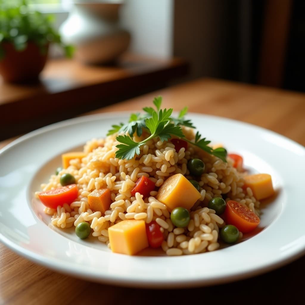 Plato hondo de cerámica negra con arroz frito dorado, cubos de tofu dorado marinado en miso, zanahoria, pimiento rojo y cebolla morada salteados, decorado con semillas de sésamo, algas nori y cebollino. Receta japonesa vegana en Airfryer sin aceite.
