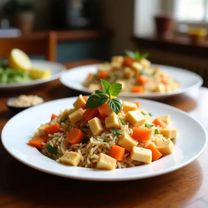 Plato hondo de cerámica blanca con arroz frito dorado, trozos de tofu marinado, zanahoria, pimiento rojo y guisantes, bañado en salsa teriyaki brillante y espolvoreado con semillas de sésamo. Receta vegana en airfryer.