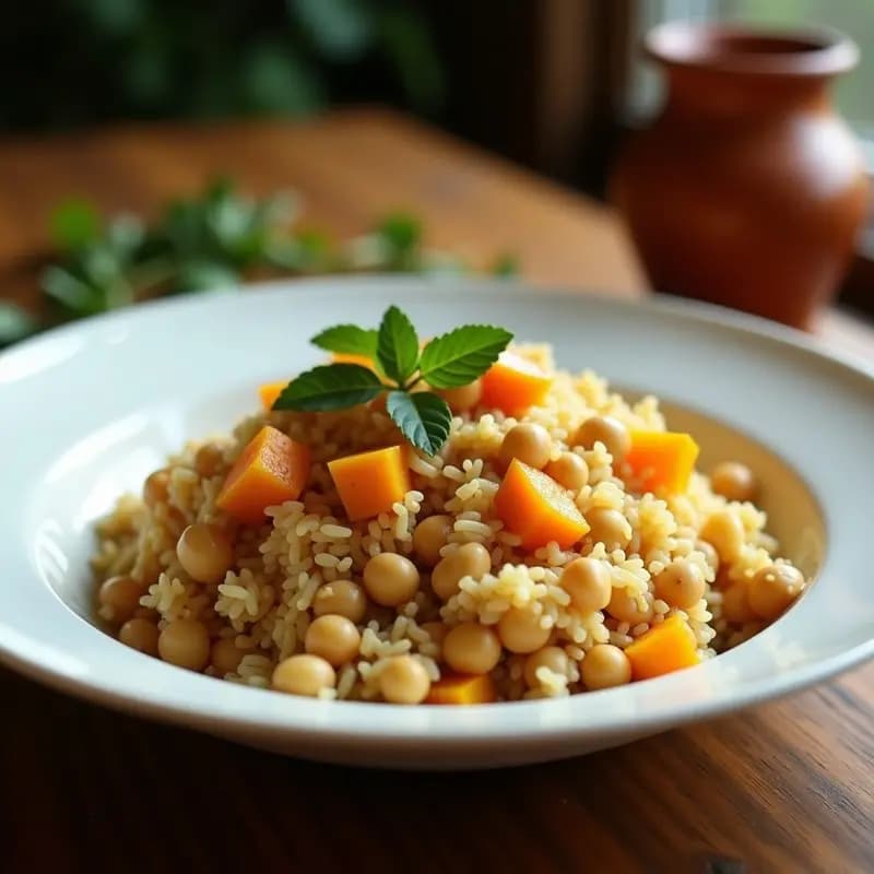 Plato hondo de cerámica blanca con arroz con gandules y calabaza dominicana cocinado en olla lenta, mostrando granos de arroz sueltos, gandules enteros y cubos de calabaza dorada, decorado con hojas de culantro fresco.