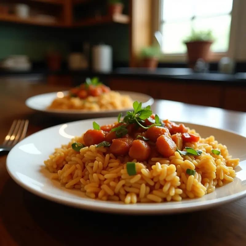 Plato hondo de barro con arroz con gandules puertorriqueño, tocino dorado, sofrito visible y decorado con cilantro fresco. Fondo rústico con ingredientes como pimiento, ajo y especias alrededor.