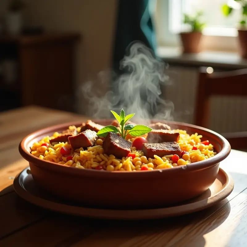 Cazuela de barro con arroz al horno dorado, costillas de cerdo jugosas y garbanzos, decorado con hierbabuena fresca. Receta valenciana de invierno tradicional.