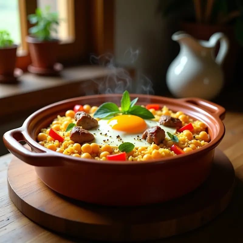 Cazuela de barro humeante con arroz al horno, garbanzos y trozos de conejo, cubierto por una costra dorada de huevo. Plato tradicional valenciano con pimientos y hierbabuena fresca.