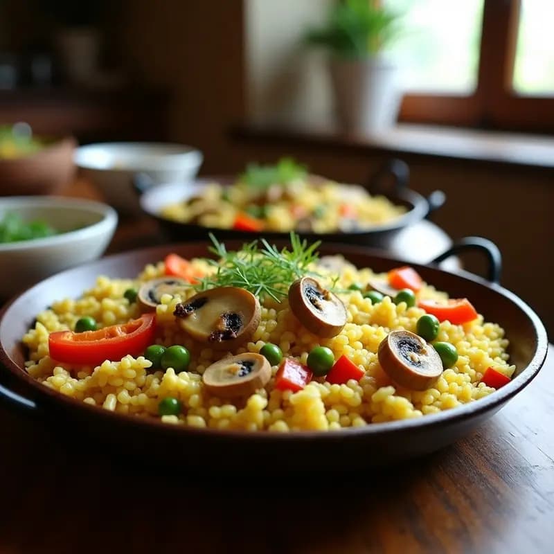 Paellera de acero con arroz a la mallorquina vegano, setas de cardillo doradas, pimiento, calabacín y guisantes, decorado con perejil fresco. Plato humeante con socarrat visible en el fondo.