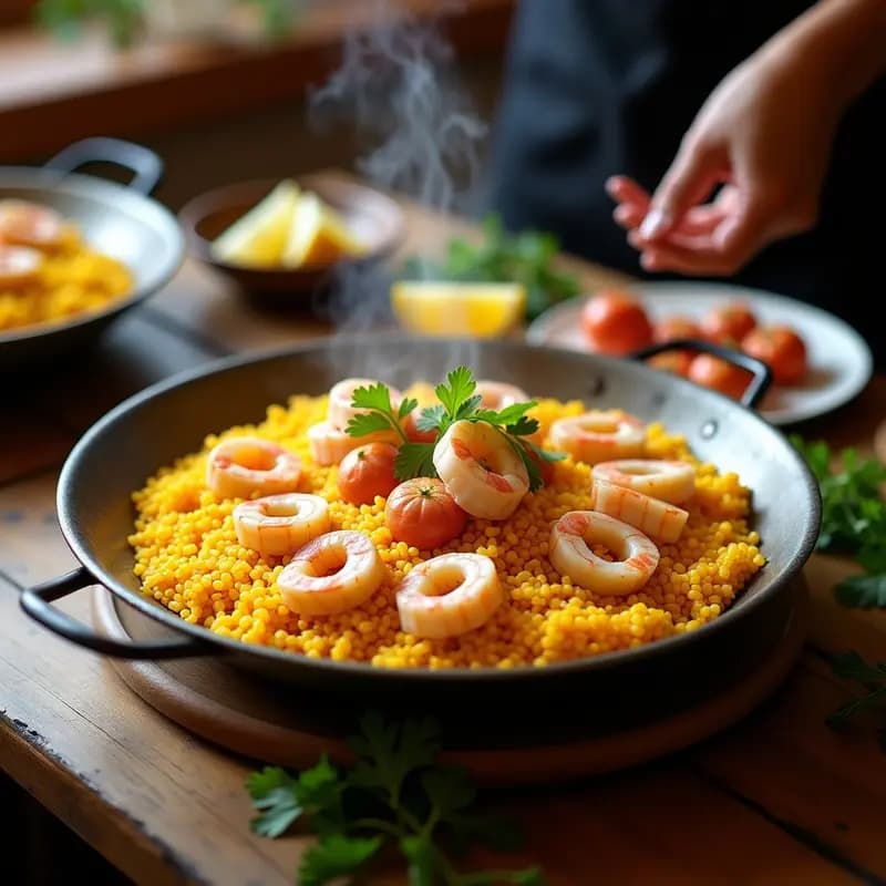 Paellera de acero con arroz a la marinera humeante, calamares en anillos dorados y gambas rosadas sobre un lecho de arroz amarillo. Decorado con perejil fresco y gajos de limón, típico plato valenciano de pescado en una sola olla.
