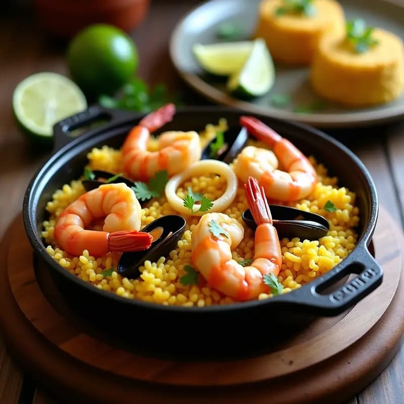 Olla negra de fondo grueso con arroz con mariscos a la chorrera, camarones rosados, calamares en anillos y mejillones abiertos, bañados en un caldo dorado con cúrcuma y cilantro fresco. Plato típico colombiano servido con rodaja de limón al lado.