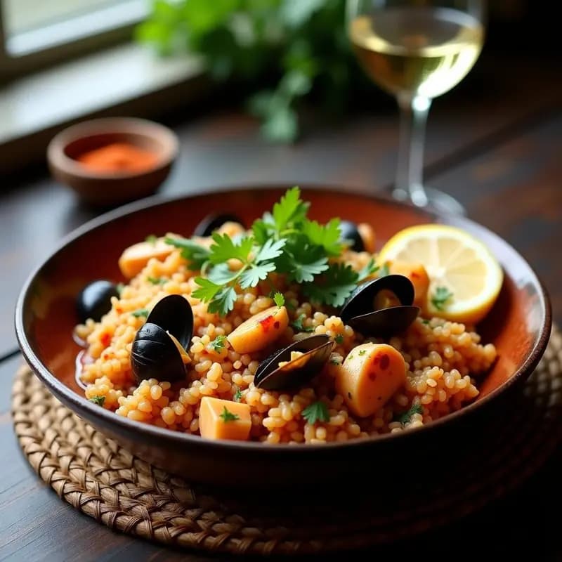 Plato hondo de barro con arroz con mariscos al estilo Puerto Montt, con mejillones, almejas y langostinos sobre un caldo dorado. Decorado con cilantro fresco y rodajas de limón, con un toque ahumado visible en el color del arroz.