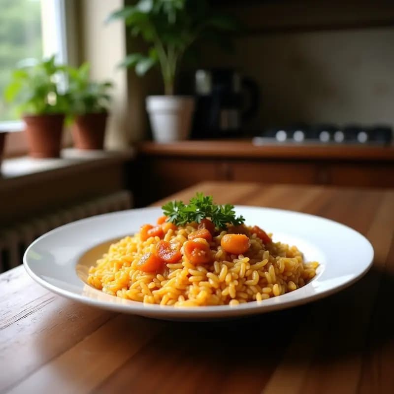 Cazuela de barro humeante con arroz con moleja y setas aragonesa, granos dorados y melosos rodeados de trozos tiernos de moleja y setas de cardo, decorado con hierbas frescas y un toque de pimentón dulce.