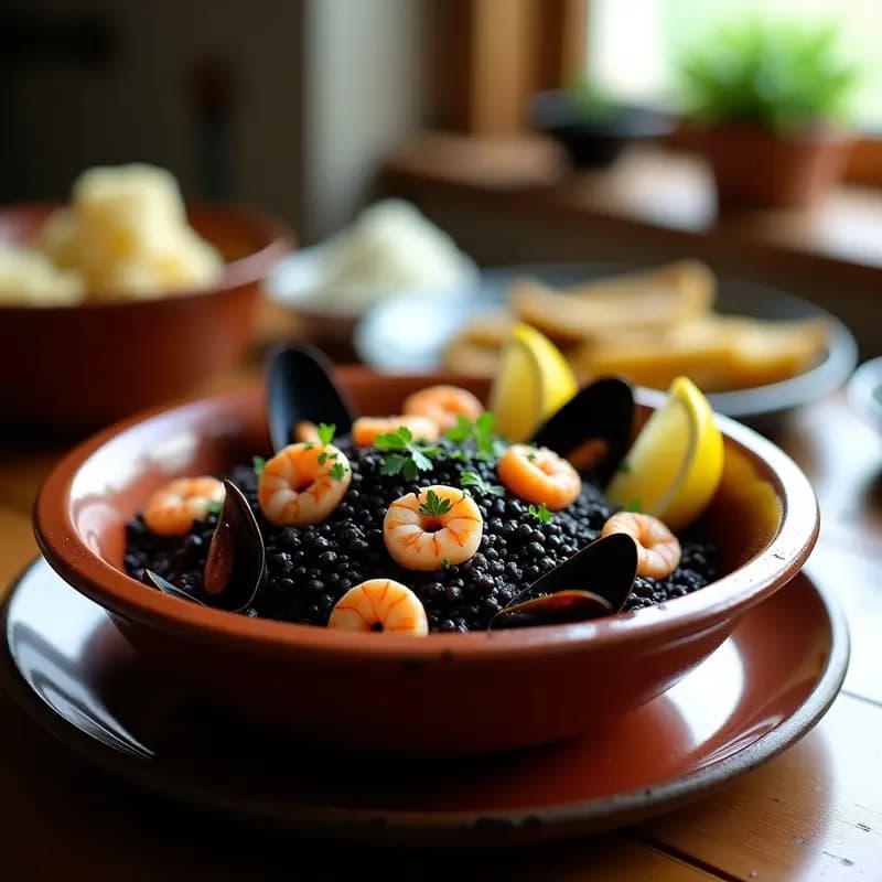 Plato hondo de barro con arroz negro brillante, mezclado con calamares, gambas y mejillones, decorado con gajos de limón y perejil fresco.