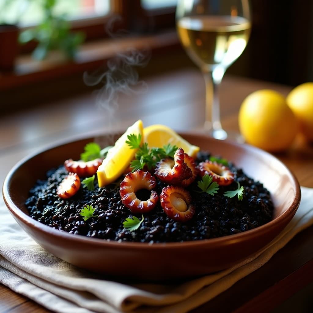 Plato hondo de barro con arroz negro brillante, trozos de pulpo ahumado, perejil fresco y gajos de limón, receta tradicional española en olla express.