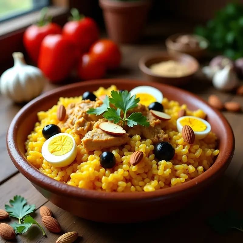 Plato hondo de barro con arroz con pollo peruano, aji amarillo y aceitunas, decorado con huevo duro en rodajas, almendras fileteadas y cilantro fresco. Fondo rústico con ingredientes dispersos como pimiento rojo, tomate y especias.