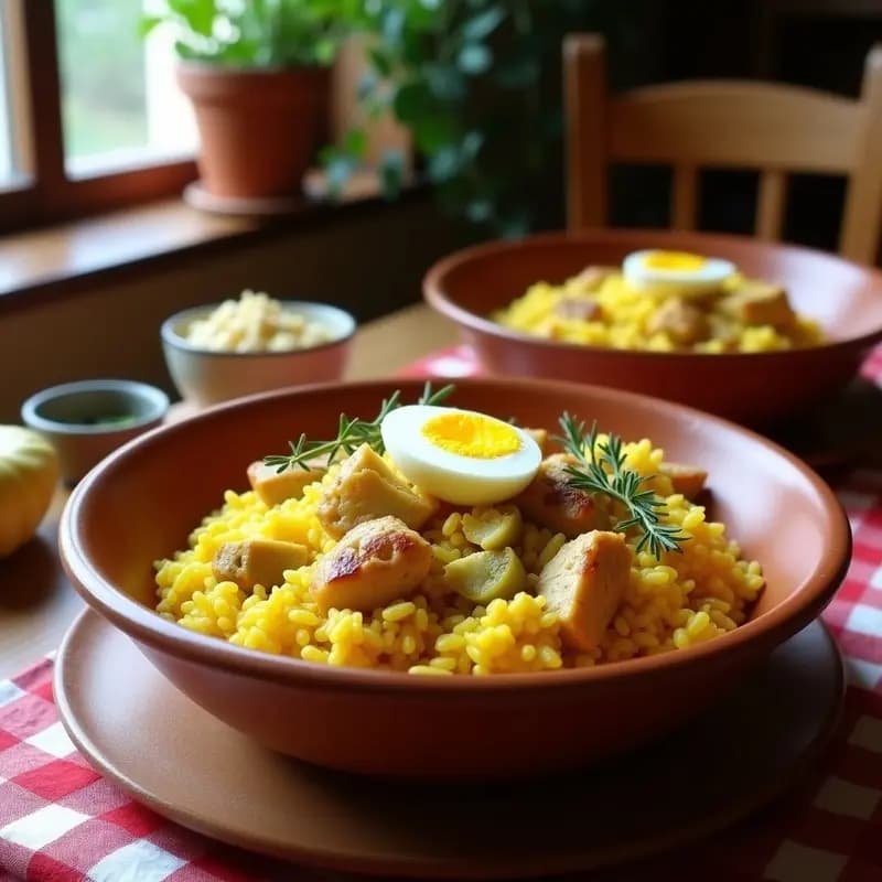 Plato hondo de barro con arroz con pollo al azafrán y alcachofas, servido con huevo picado por encima. El arroz tiene un tono dorado intenso del azafrán, las alcachofas están tiernas y el pollo en trozos jugosos. Decorado con una ramita de tomillo fresco.