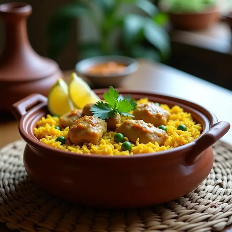 Olla de barro humeante con arroz con pollo colombiano con azafrán y guisantes, servido con cilantro fresco y rodajas de limón, sobre una mesa de madera rústica.